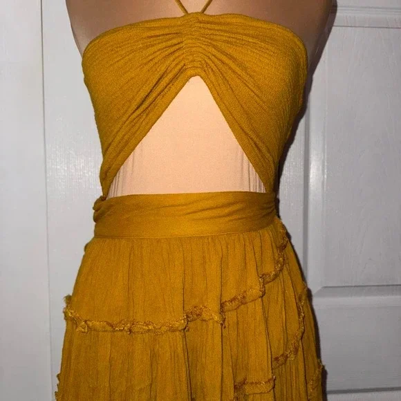 Free People Yellow Mustard Endless Summer Hot Dang Mini Dress‎ Size Medium NWOT